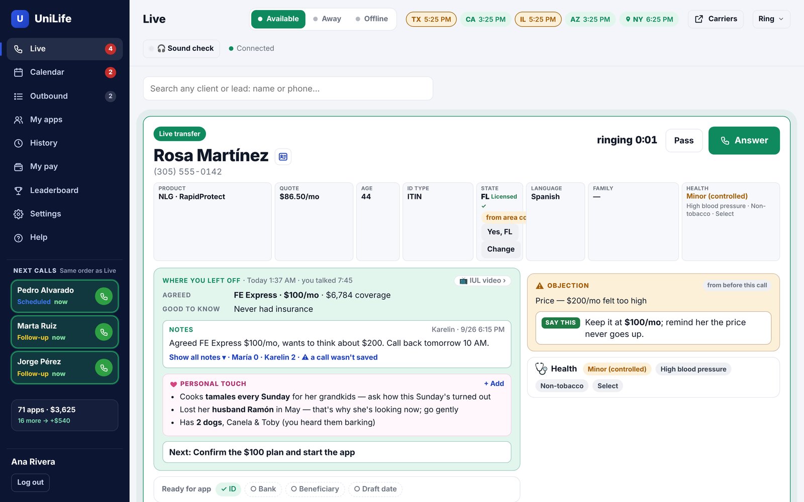 A live transfer ringing in the UniLife closer portal, with the client's details, notes and objection on screen